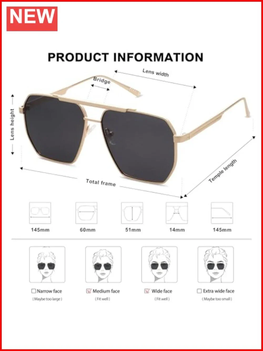 Retro Oversized Square Polarized Sunglasses Metal Frame Classic Shades